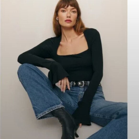 REFORMATION Dark Green Lucca Long Sleeve Knit Top Size M - Picture 2 of 8